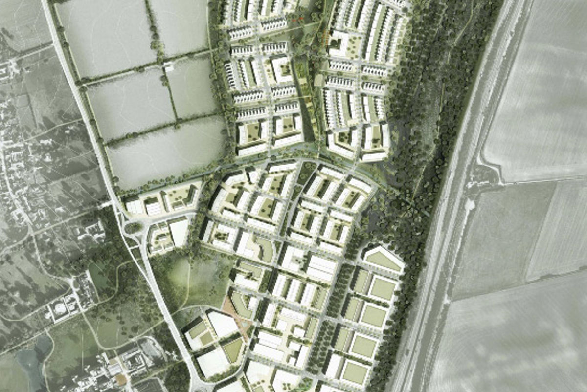 Aerial render of the Wellcome Genome Campus within Cambridgeshire's rural landscape