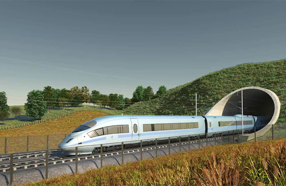 HS2 visualisation showing train emerging from a tunnel