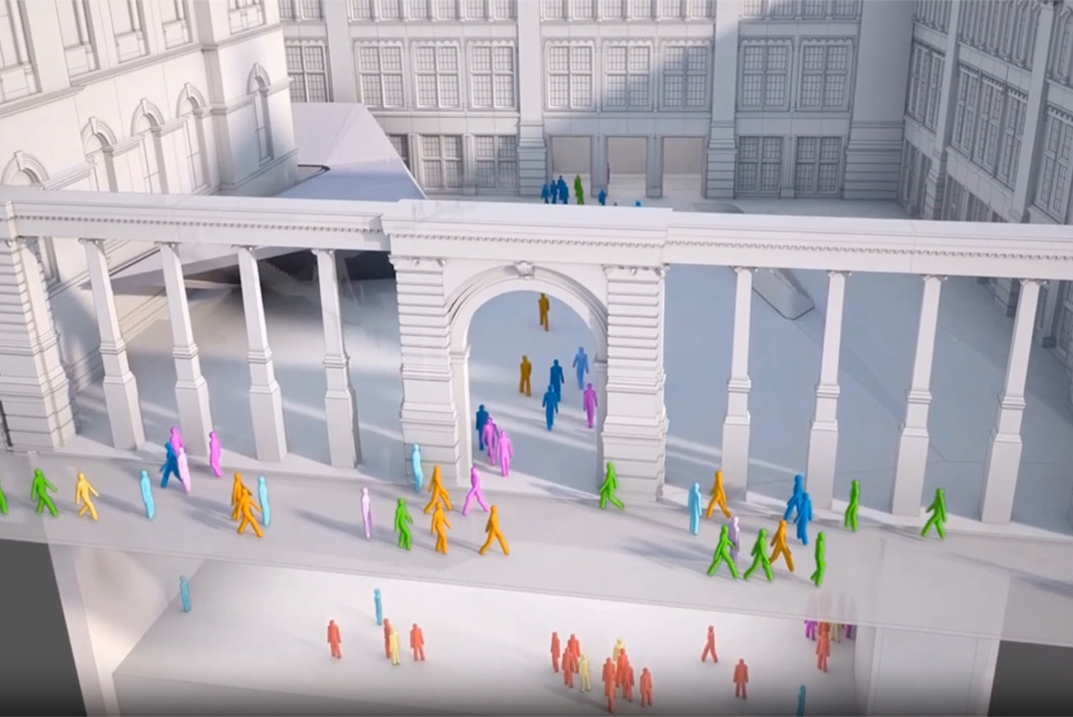 MassMotion model of pedestrians moving around inside and outside the V&A museum, London