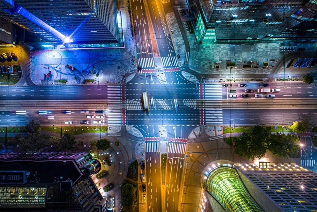 Aerial view of a road junction at night