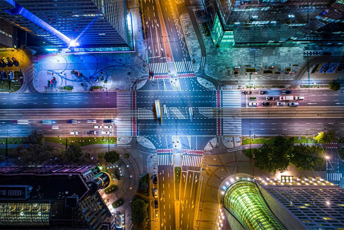 Aerial view of a road junction at night